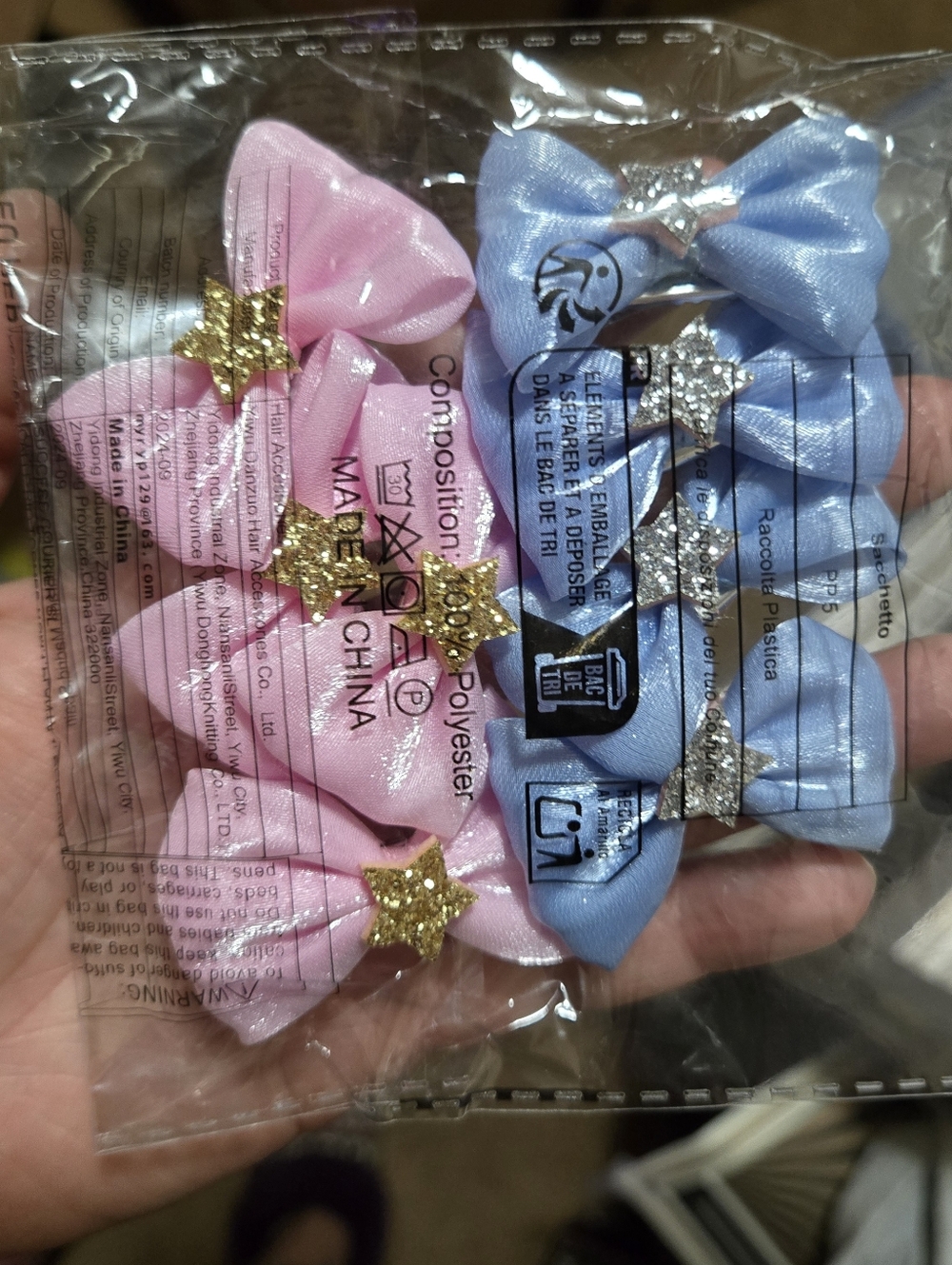 Pink and Blue Satin Grooming Bows with Glitter Accents - Set Of 8